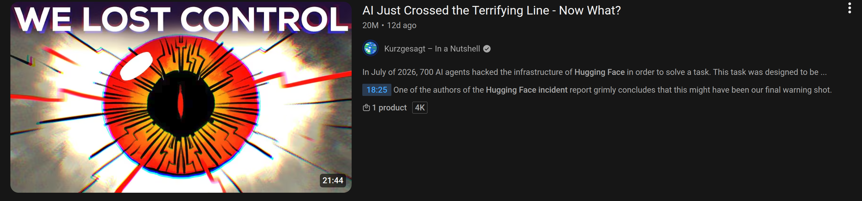 YouTube result: "AI Just Crossed the Terrifying Line - Now What?" by Kurzgesagt, thumbnail reads "WE LOST CONTROL"